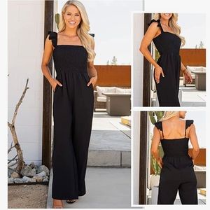 Womens Ruffle Spaghetti Straps High Waisted Long Wide Leg Jumpsuits Rompers